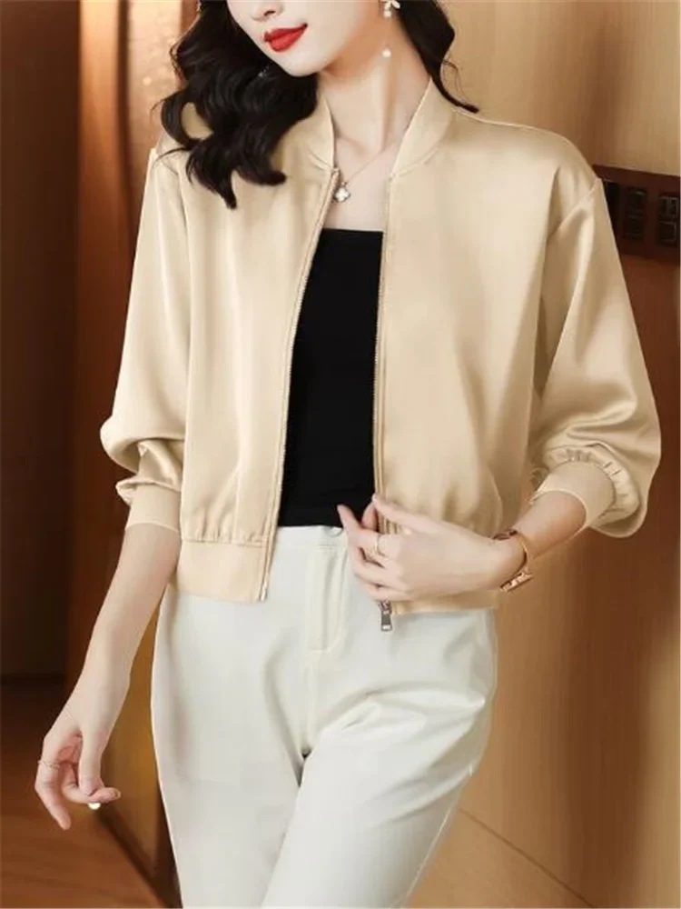 Короткая шелковая куртка женские пальто свободная атласная верхняя одежда