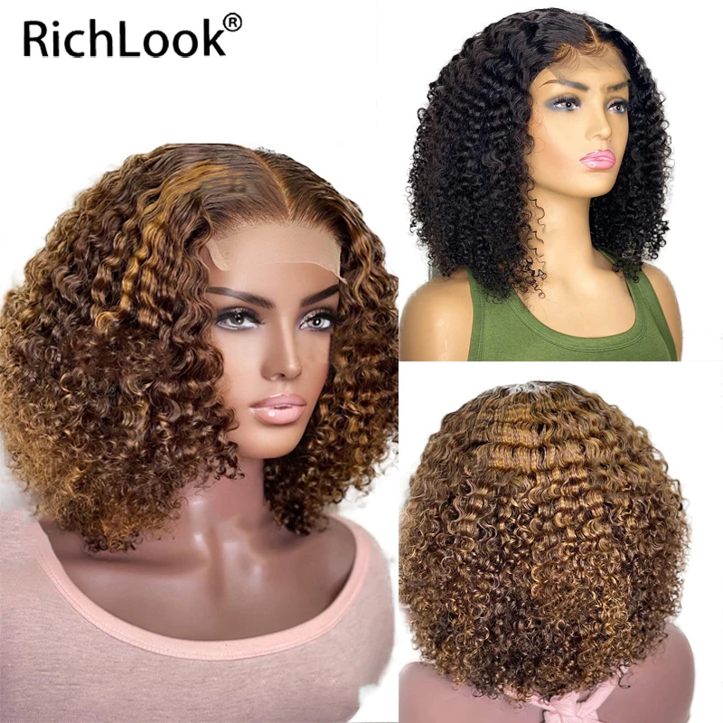 13X6 Lace Front Human Hair Kinky Curly Wigs For Black Women Frontal 4X4 Closure Wig Short Bob Cut Honey Bonde Ombre Color Remy