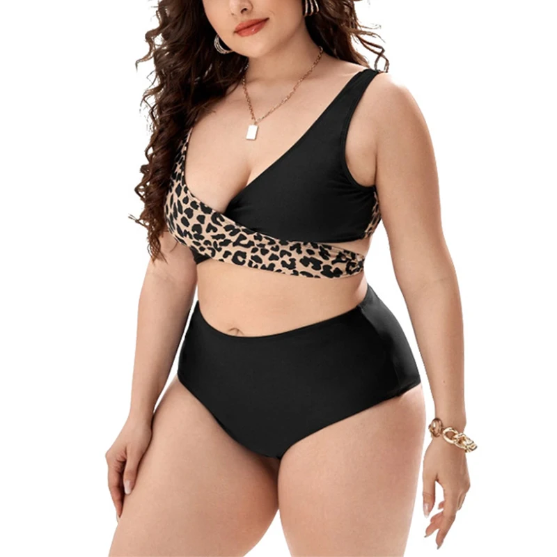 

Swimwear Women Plus Size 3XL 4XL Leopard Print Top and Hight Waist Bottoms Bikini Set Swimsuit Women Biquinis Feminino Beachwear