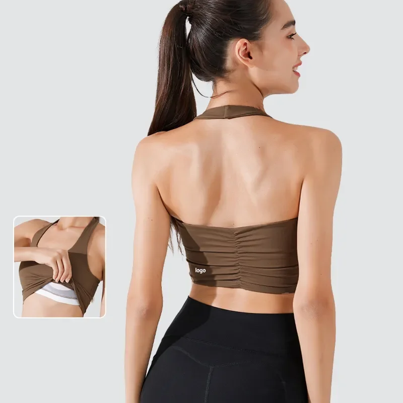 

С логотипом, бюстгальтер для йоги, противоударное Спортивное нижнее белье с лямкой на шее, Женский нейлоновый ажурный облегающий топ для спортзала, пикантный повседневный уличный наряд, жилет