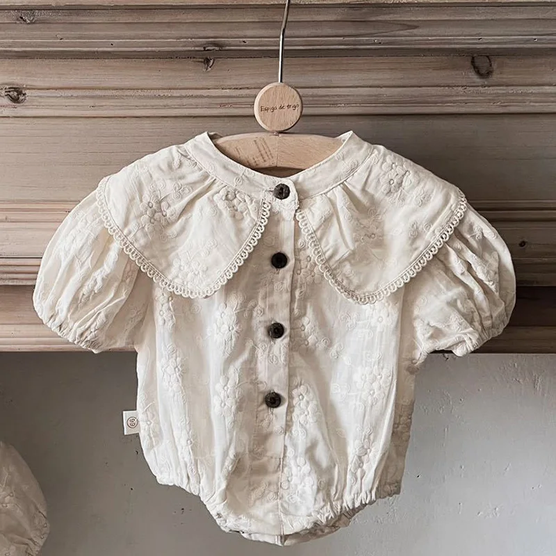 

Детский хлопковый комбинезон с вышивкой, с коротким рукавом