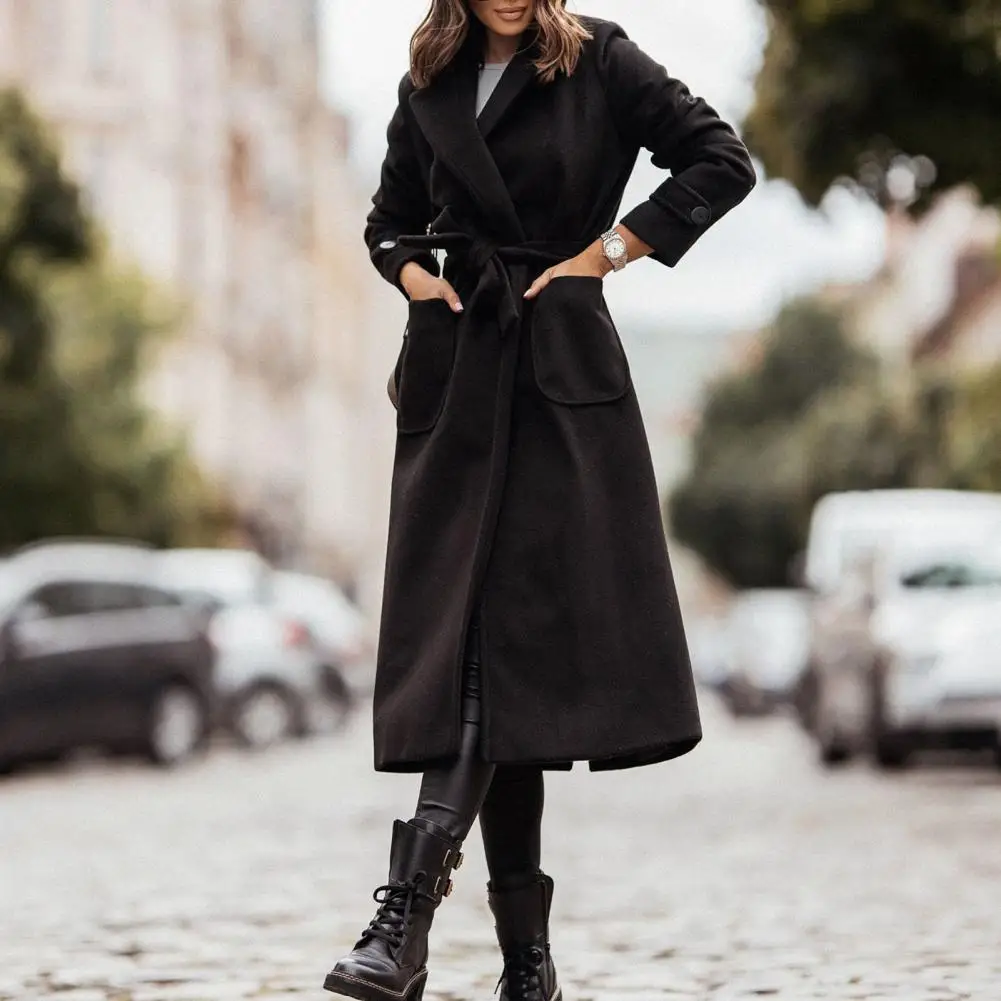 

Windproof Popular Winter Lady Mid-calf Length Belt Woolen Coat Soft Elegant Coat Open Stitch for Shopping