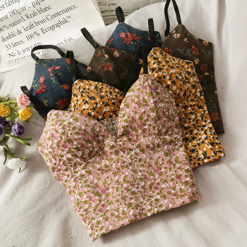 

Women Cropped Tops Fashion Sexy Slim V-Neck Spaghetti Strap Tank Tops 2022 New Summer Floral Print Folds Corduroy Camisole