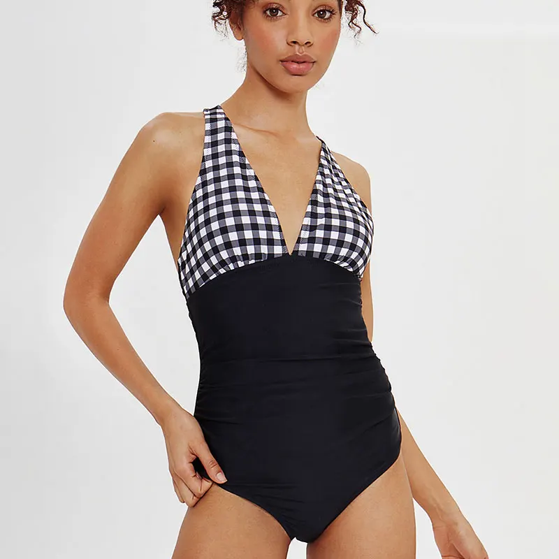 

Sexy Plaid V-Neck Open Back One-Piece Swimsuit 2022 Summer Women Monokini Biquini Brazilian Bikinis Beach Wear Swim B429