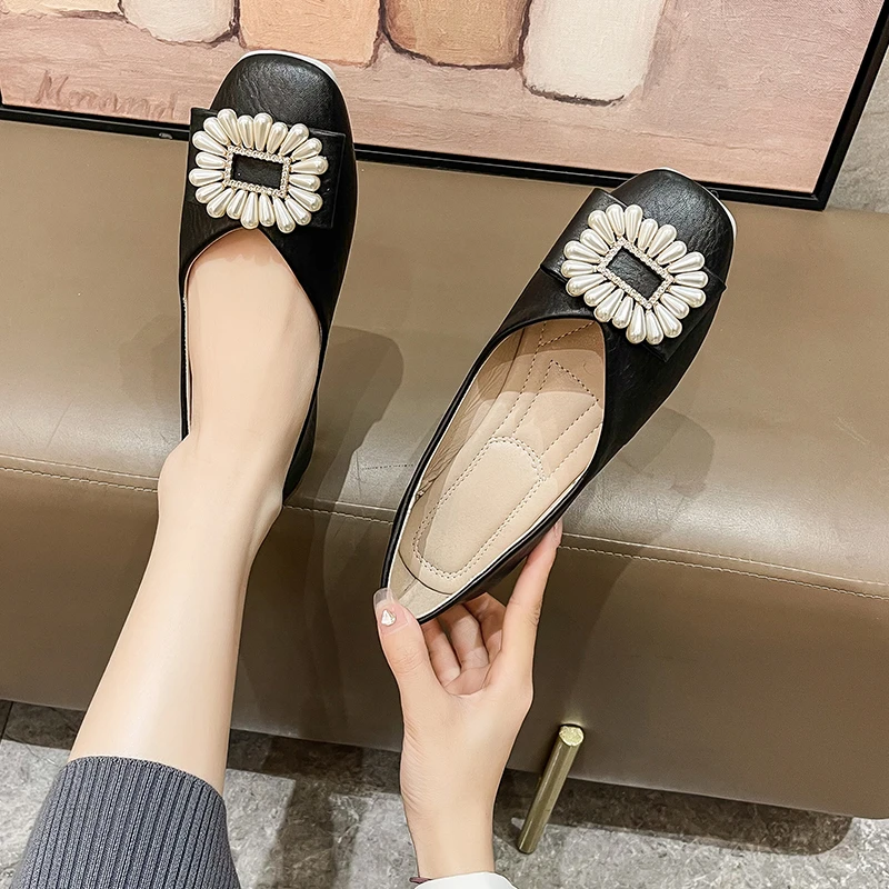 

BCEBYL Square Toe Pearl Rhinestone Shallow Mouth Breathable Spring And Summer Fashion New Sports Leisure Flat Shoes