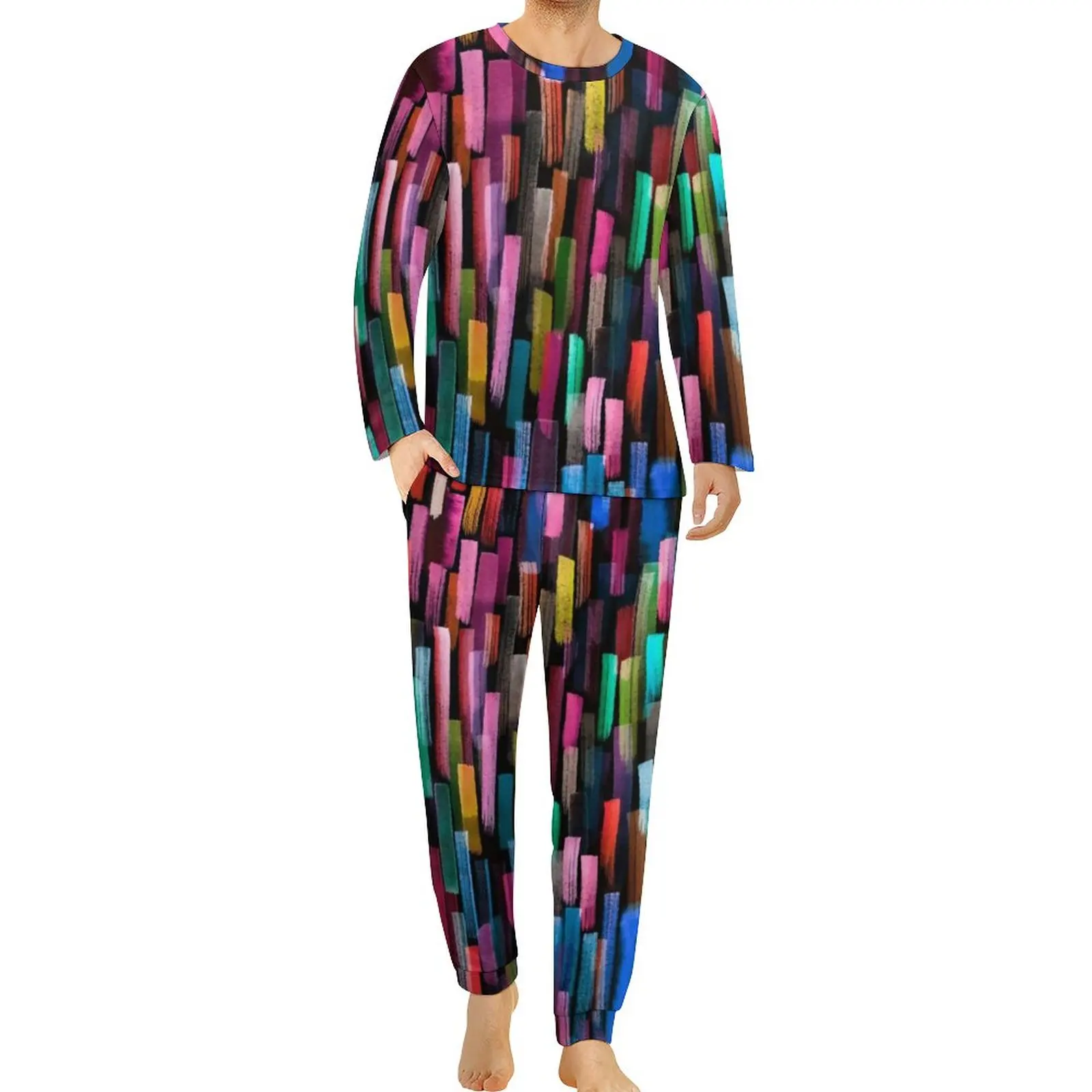 Multi Geo Print Pajamas Long-Sleeve Watercolor Stripes 2 Pieces Aesthetic Pajamas Set Autumn Male Design Soft Big Size Nightwear