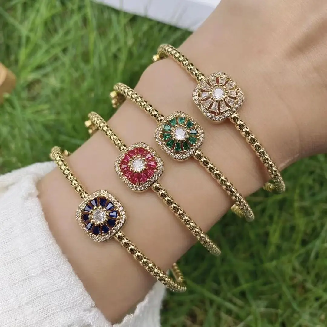

3Pcs Green Red White Blue Drop Square Shining Zircon Bracelet Gold Color Opening Bangle for Girls and Women Jewelry Men Gift