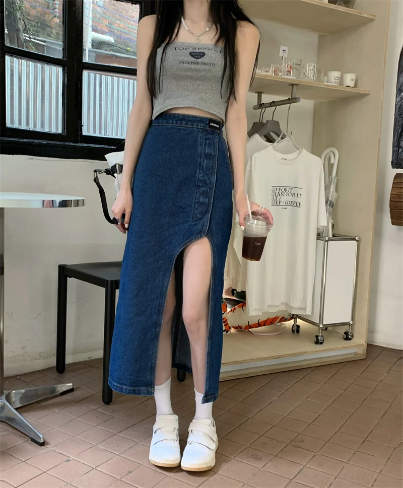 

COIGARSAM Women Skirt New High Waist Dark Blue Black Skirts Dropshipping