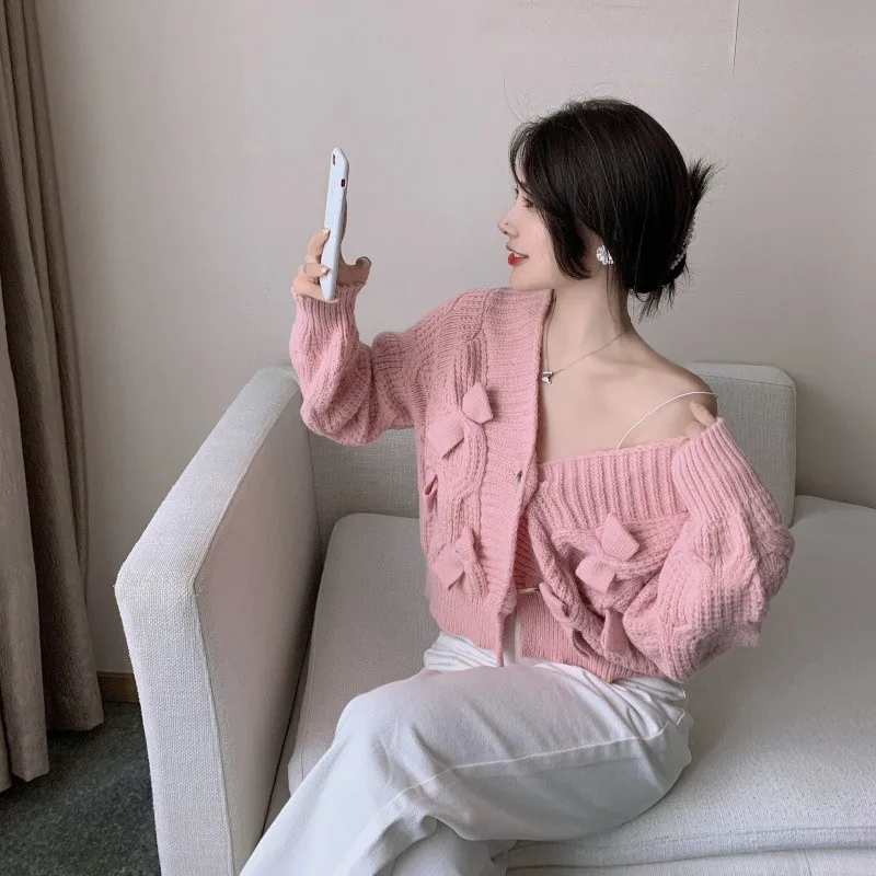 

Diamond Tops Casual Lantern Chic Sweater Solid Bow Sleeve Buttons Femme Women Leisure Fashion ZAWFL Cardigan Knitting Fashion S