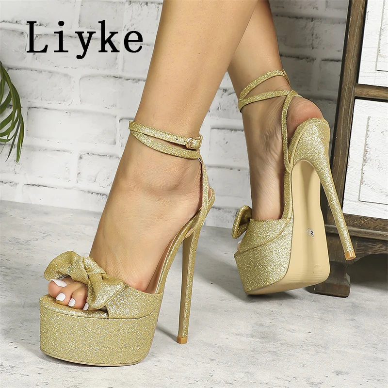 

Liyke Runway Style Sequined Thick Bottom Women Sandals Sexy Peep Toe Wedding Banquet Extreme High Heels Platform Shoes Size 42