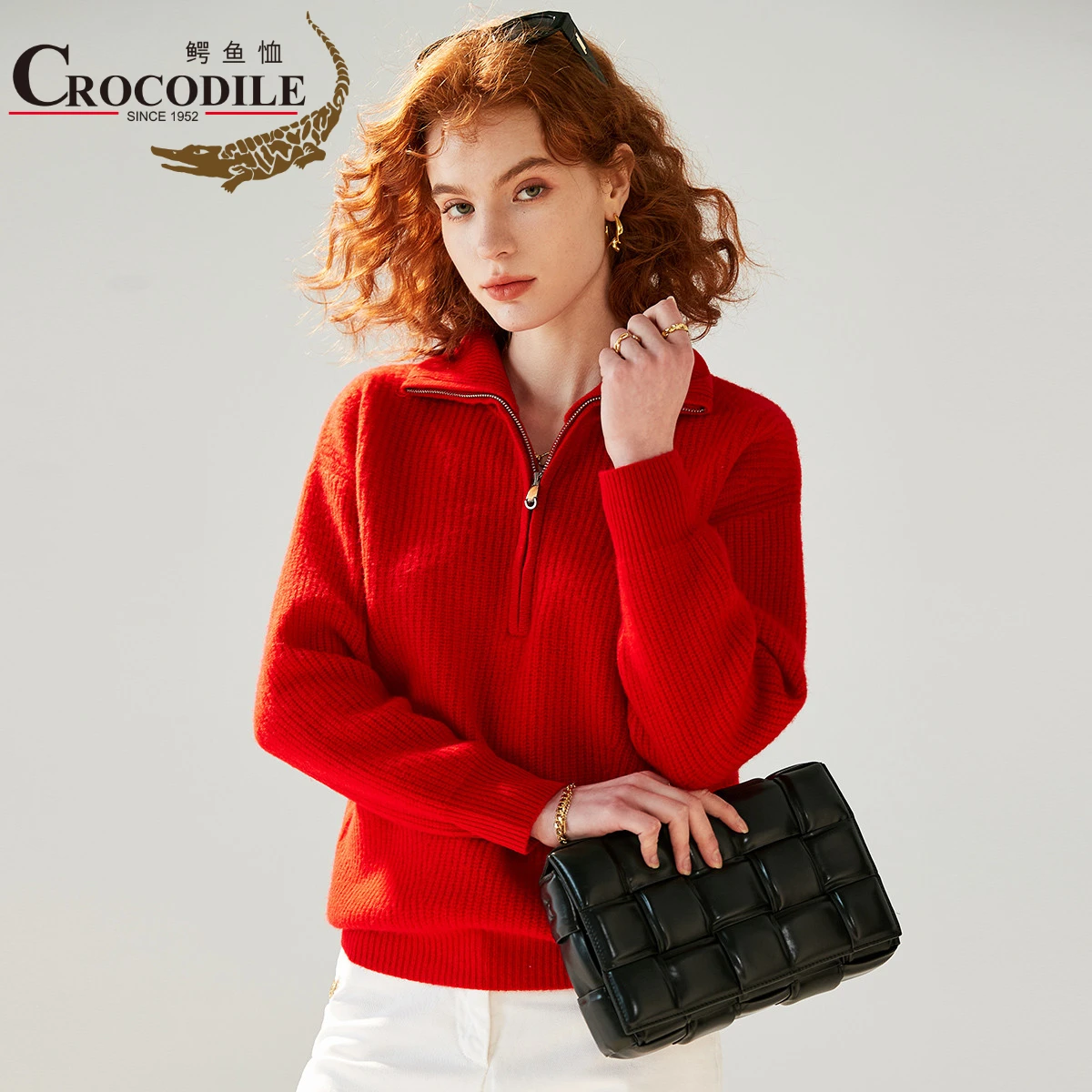 

Женский свитер на молнии, однотонный красный теплый пуловер из 100% натуральной шерсти с длинным рукавом под крокодиловую кожу, зима 2022