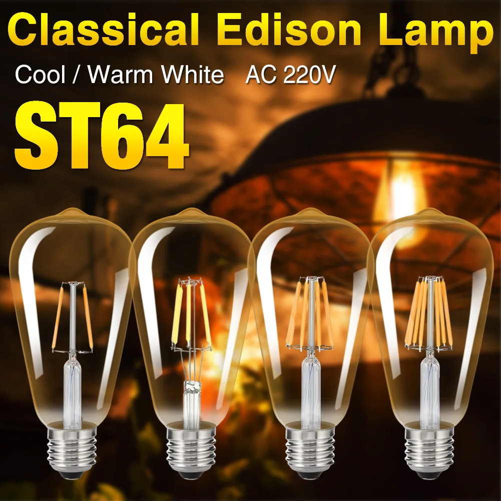 

Antique ST64 LED E27 Bulb Retro Lamp Bombillas 220V 4W 8W 12W 16W Glass Gold Edison Light Vintage LED Filament Bulbs Home Decor