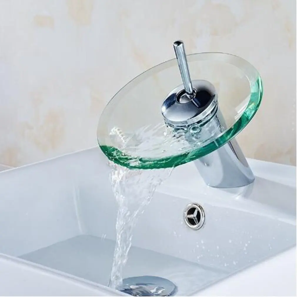 

Colorful Glass Waterfall Bathroom Basin Sink Faucet Chrome Basin Sink Faucet Single Lever Deck Mounted Round Mixer Tap