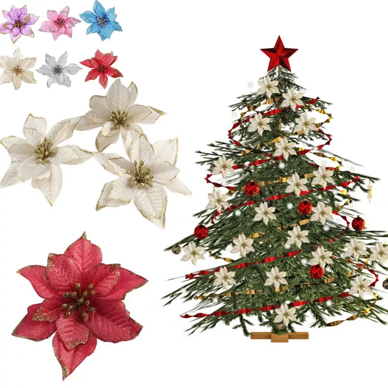 

5/10PCs Christmas Decorations Glitter Artificial Flowers Xmas Tree Decor For Home Party 2022 Navidad New Year Ornaments Kid Gift