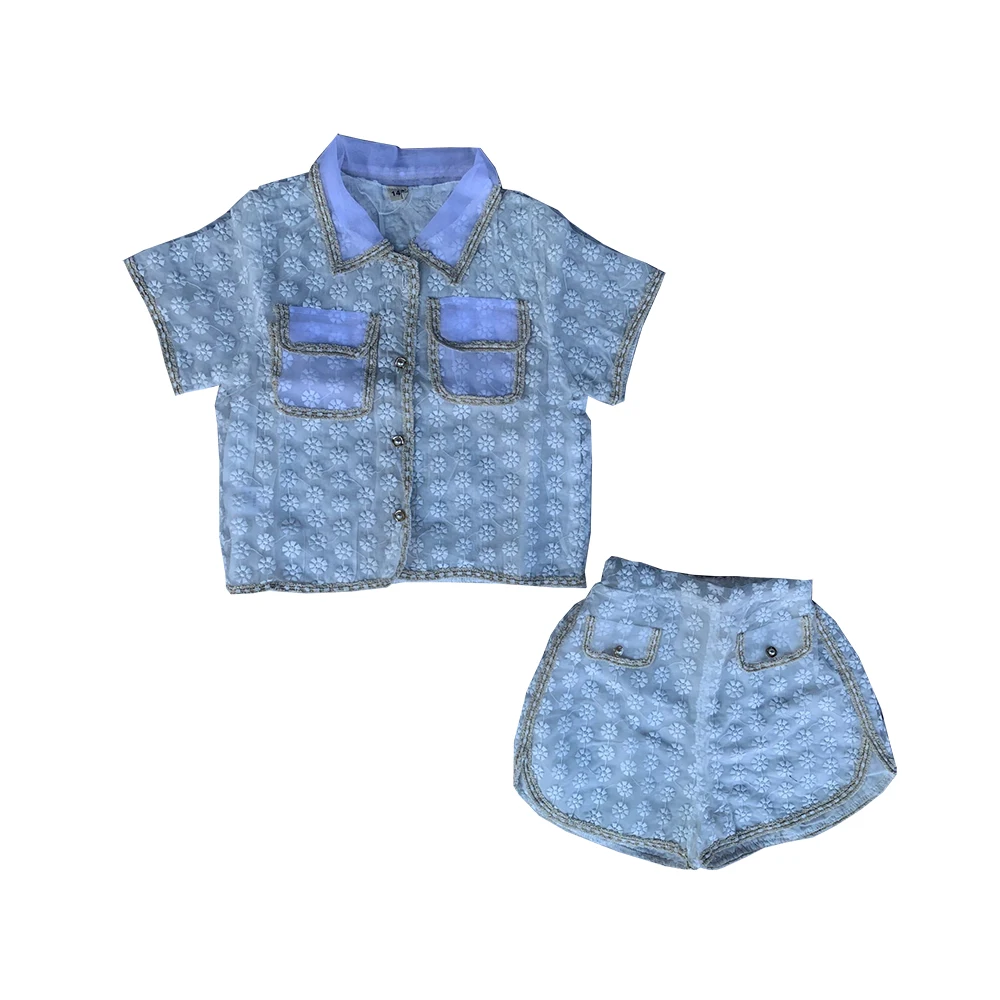 

Wholesale Summer Girls Set Fashion Floral White Mesh Lace Soft Shirt Shorts 2 Piece Kids Suit