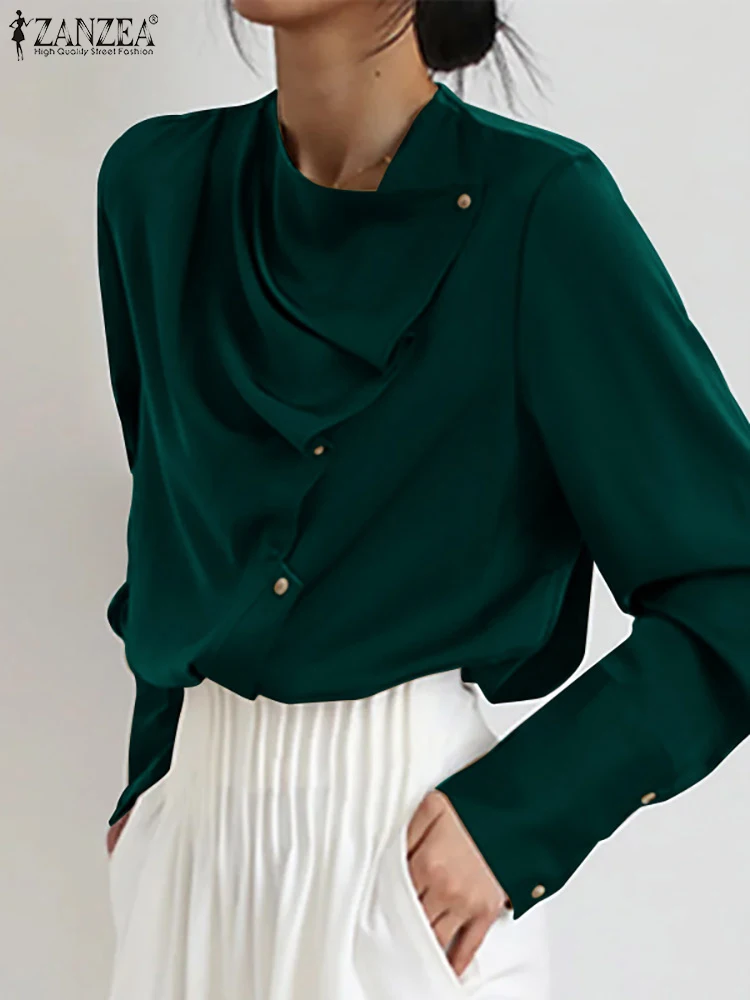 

Весна 2023, асимметричная блузка ZANZEA, модная Женская атласная элегантная плиссированная рубашка с воротником, топы на пуговицах, туники, повседневные офисные Блузы