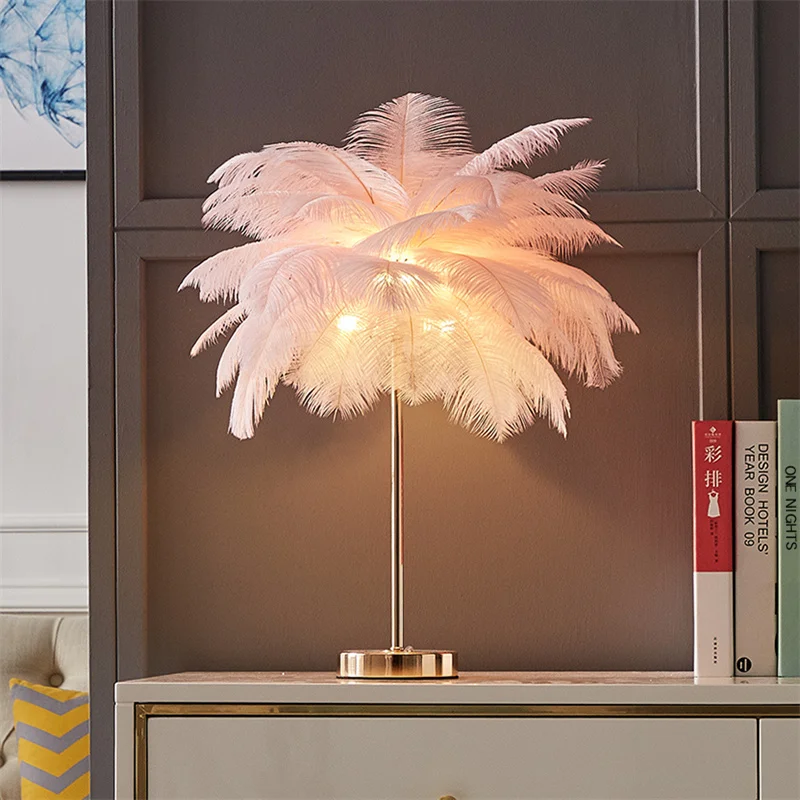 

Modern Luxury Ostrich Feather LED Table Lamp Home Deco Lighting Bedroom Desk Light Living Room Bedside Indoor Stand Light