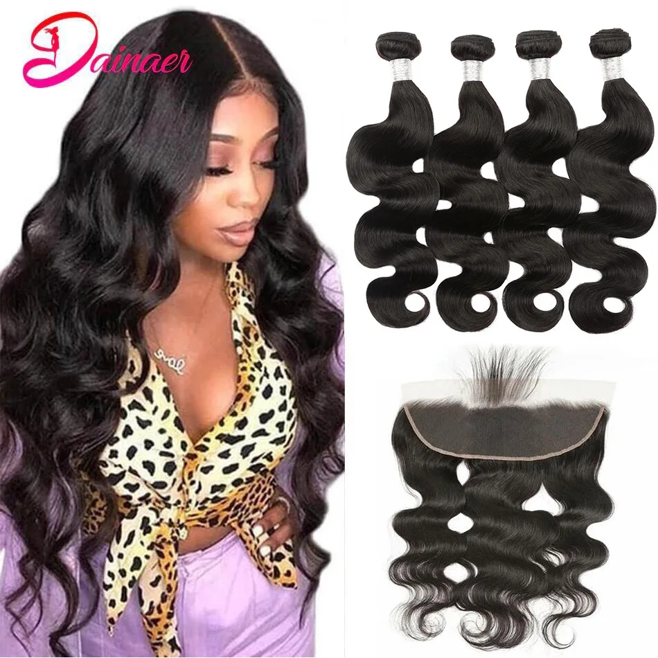 Brazilian Body Wave Bundles With Frontal Human Hair 4 Bundles With Frontal 13x4 Ear To Ear Human Hair Bundles With Closure