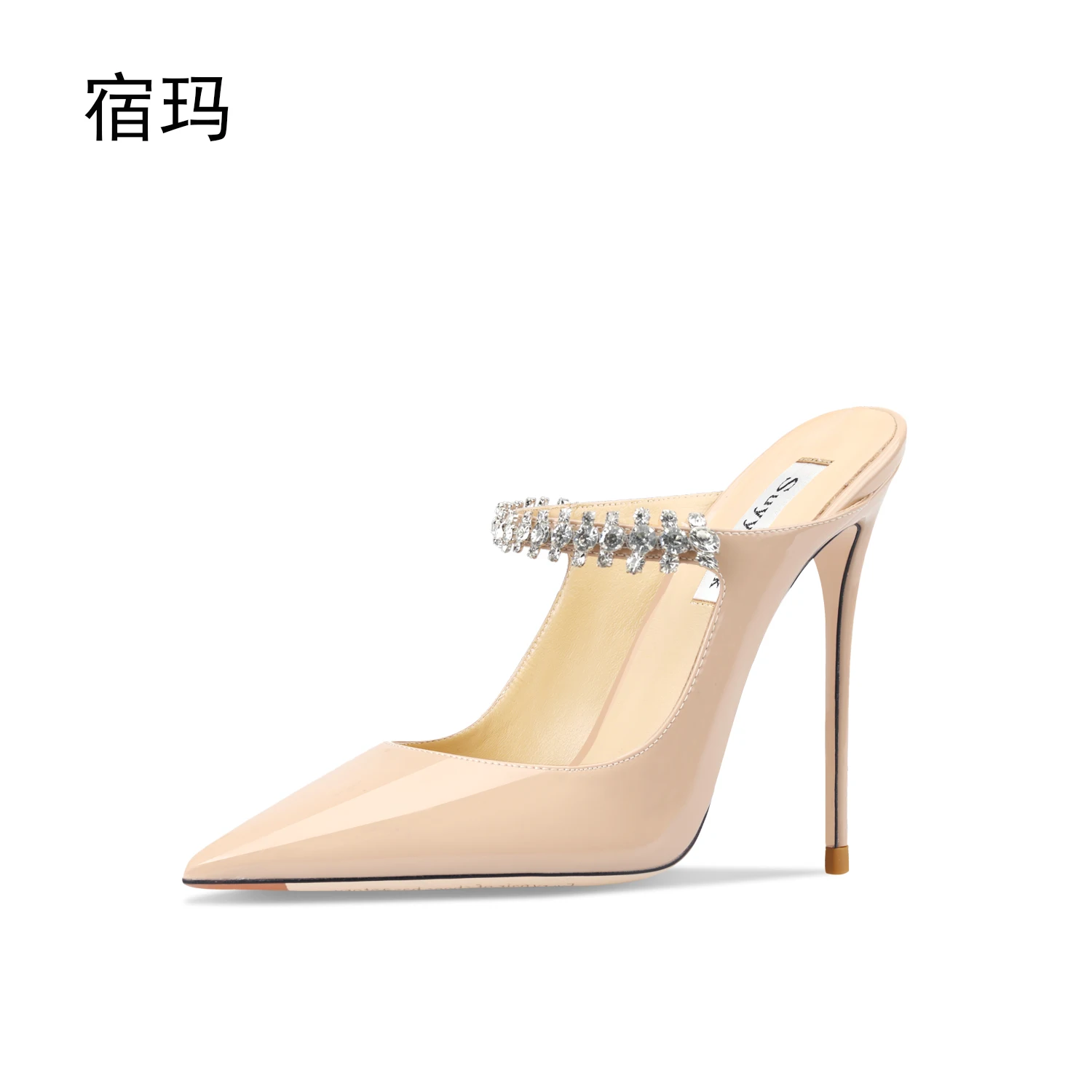 2023 Summer Women Sandals High Heel Slippers Crystal Decoration Pointed Toe Back Strap Elastic Band Elegant Fashion Shoes Ladies