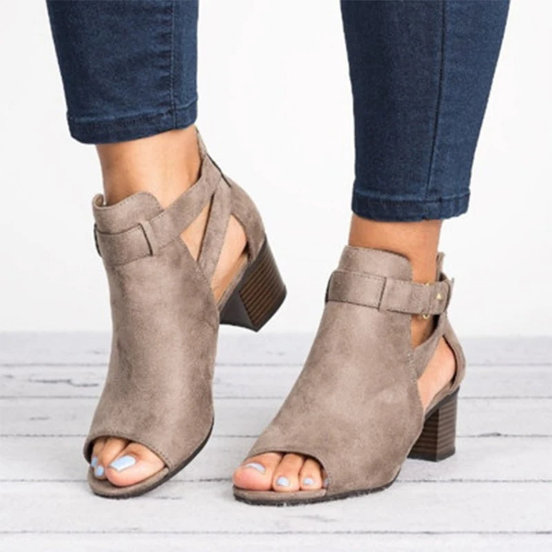 

Summer Woman Zipper Sandals Female Buckle Shoes Ladies Peep Toe Women Rome Solid Thick Heel Women's Fashion Footwear Plus Size