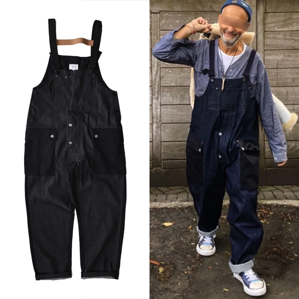 

Men Jeans Contrast Color Splicing Workwear Overall Bibs Mens Multi-pocket Suspenders American Casual Denim Trousers Men Rompers