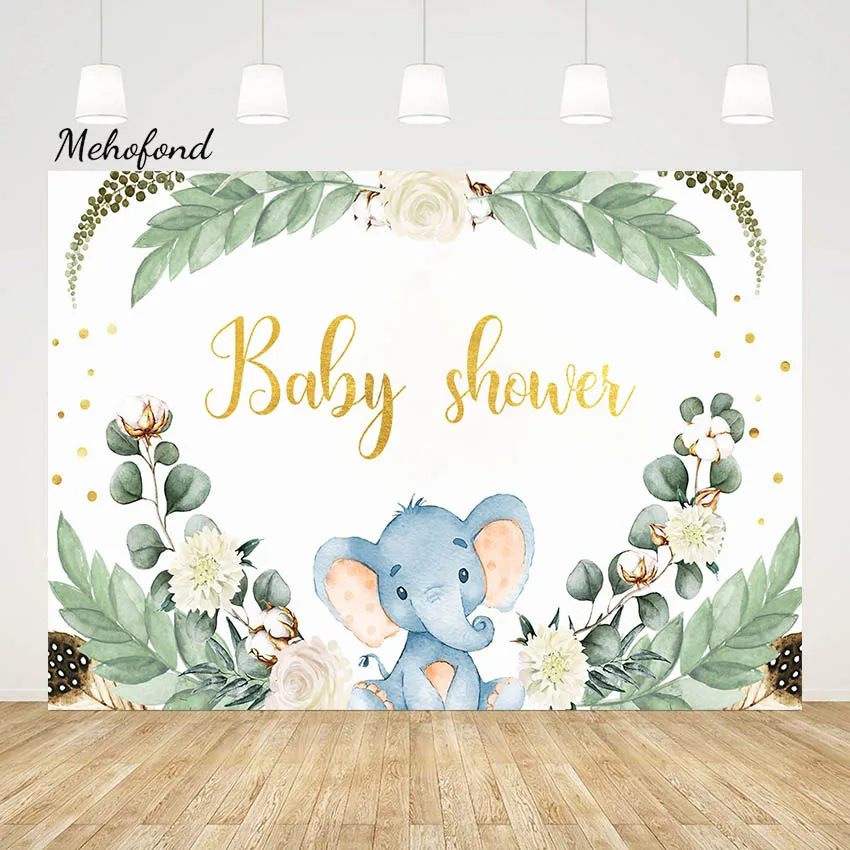 

Фон Mehofond для фотосъемки с изображением слона и цветов золотой фон для вечеринки новорожденных на день рождения декор с зелеными листьями для фотостудии