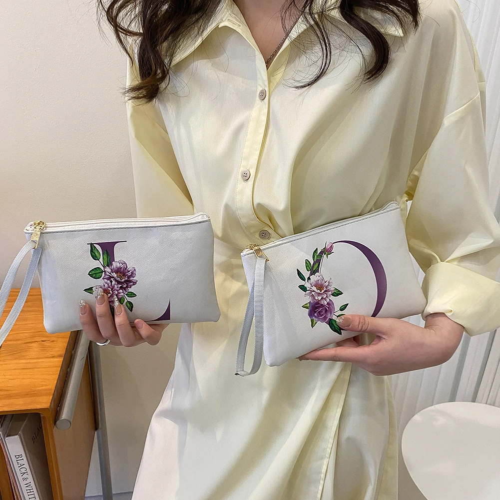 

Модный женский клатч из искусственной кожи с цветочным принтом алфавита, кошелек на молнии для денег, вечерние сумочки, кошелек для мелочи, ...