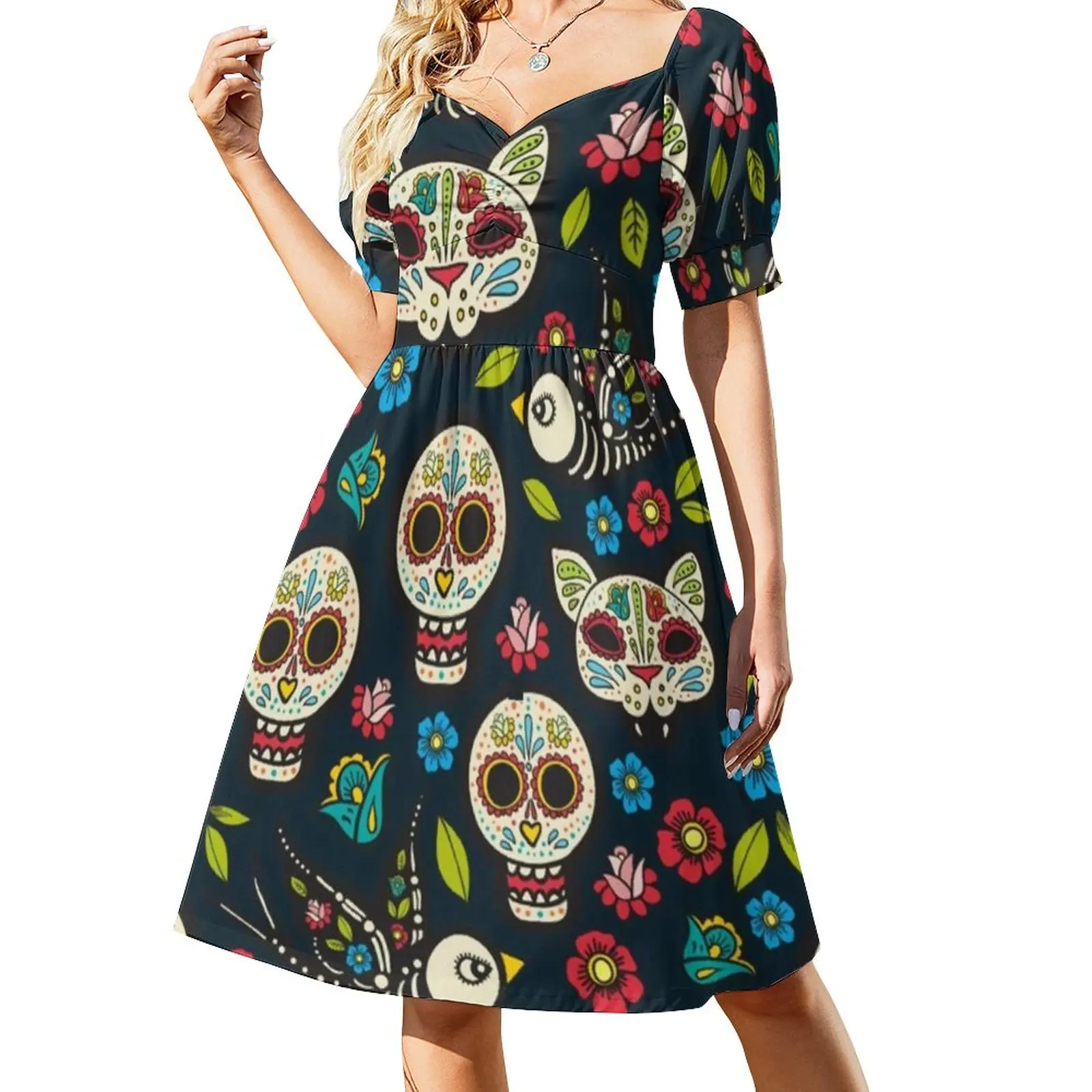 

Halloween Day of The Dead Dress Sexy V Neck Mexican Traditional Celebrates Skulls Cute Dresses Stylish Big Size Casual Dress