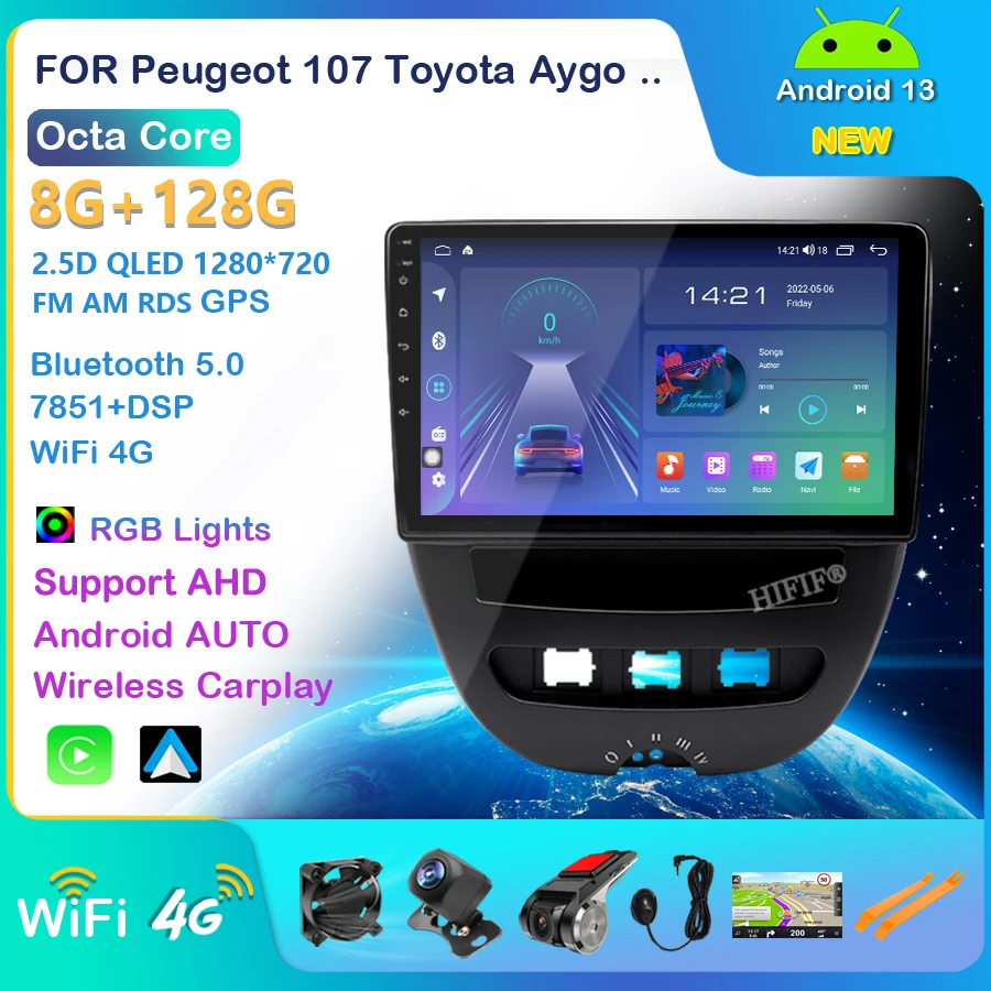 

Carplay Android 13 Автомобильный мультимедийный видеоплеер для Peugeot 107 Toyota Aygo Citroen C1 2005-2014 Радио Стерео GPS Навигация BT