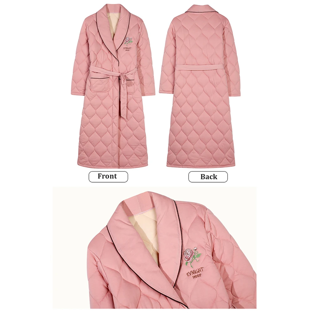 100% Cotton 3-layer Thicken Winter Sleepwear for Sleeping Trendy Plaid Embroidery Long Bathrobe Female Shower Robe Night Clothes