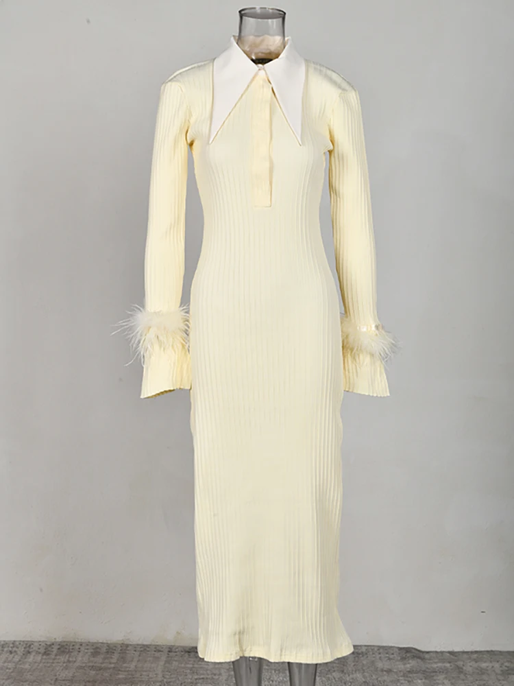 DEAT Элегантное платье с рукавами лацканами и перьями однобортные женские платья