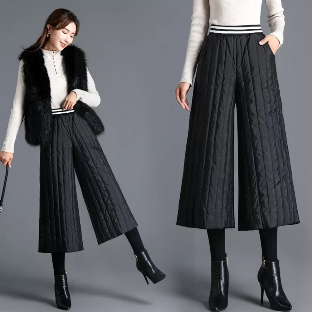 

New2022 4XL Women Wide Leg Pants d Straight cropped cotton trousers Winter Thick Warm Padded Quilted High Waist Pants