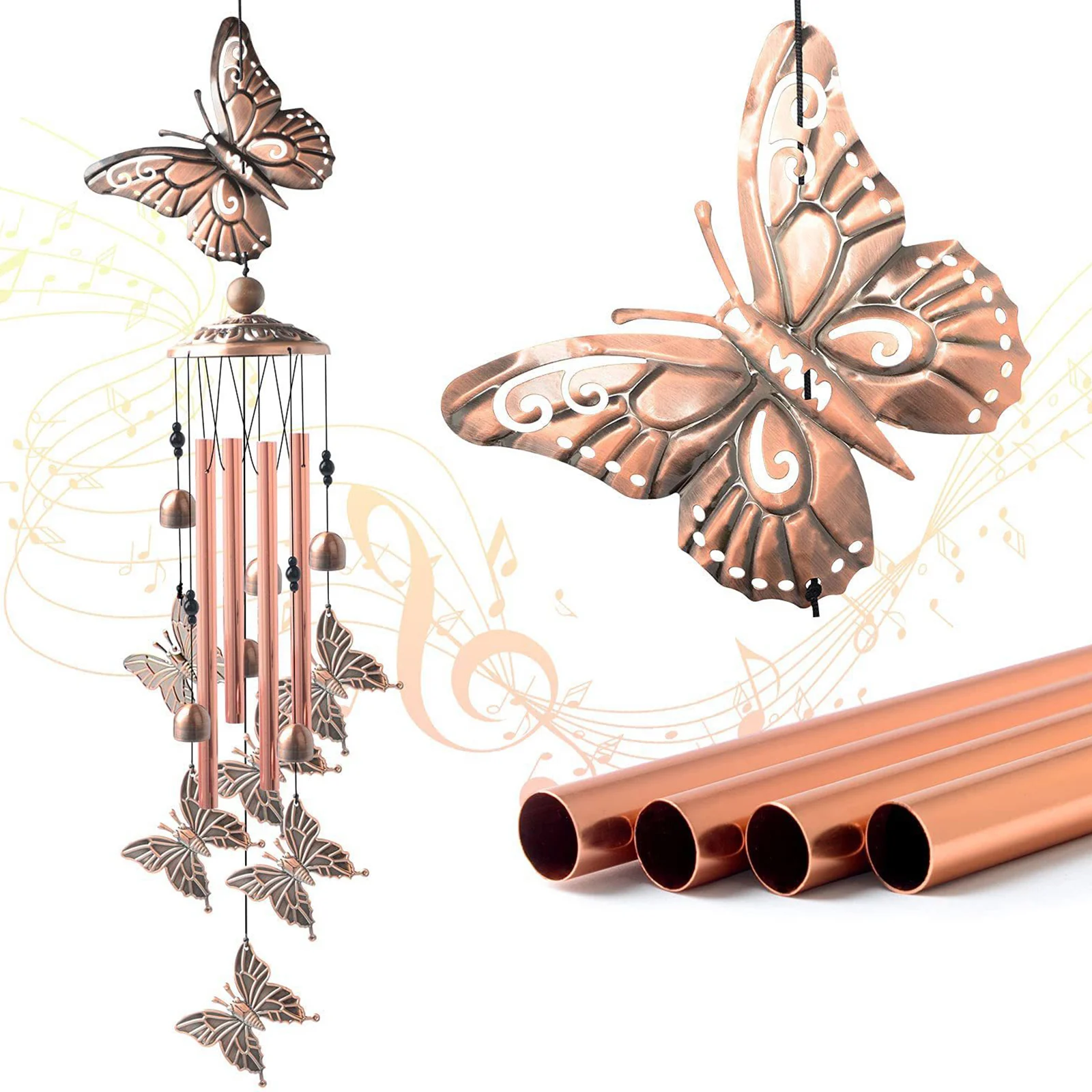 

Butterfly Wind Chime-4 Hollow Aluminum Tubes 6 Wind Bells 7 Butterflies- Portable Metal Wind Chime with Hook Home Garden Decor