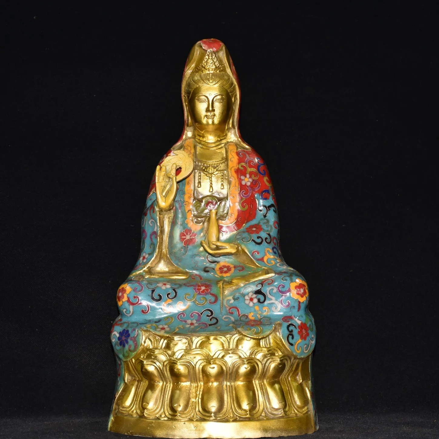 

15"Tibetan Temple Collection Old Bronze Cloisonne Enamel Bottle Guanyin Bodhisattva Buddha Lotus stage Worship Hall Town House