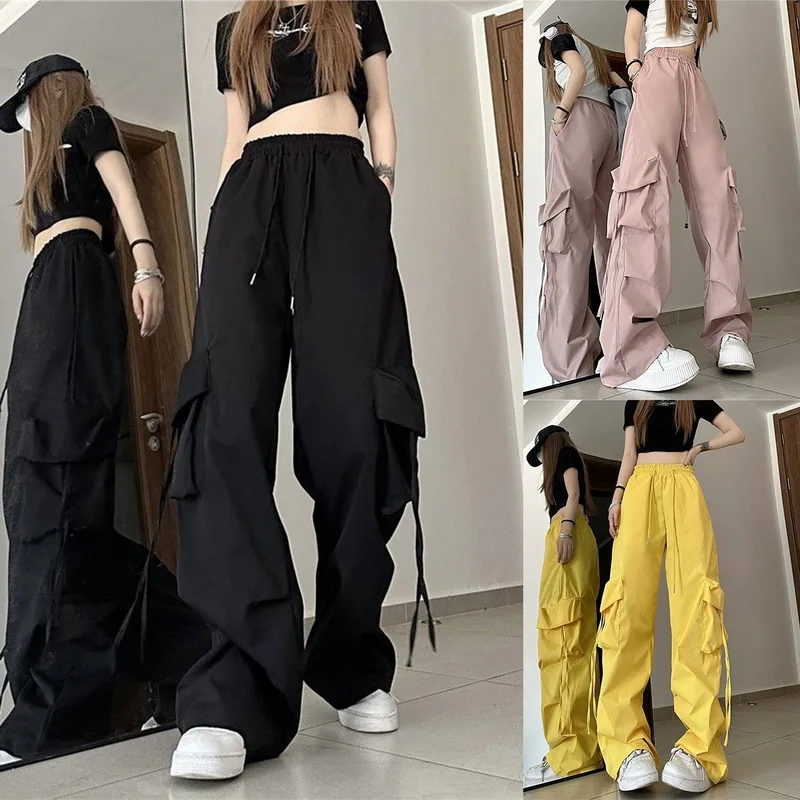 Cargo Pant Women y2k Streetwear Hip Hop Loose Casual Trousers American High Waist Big Pockets Lace Up Fashion Lady Pants