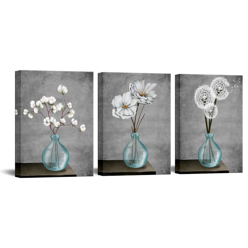 

3 Pieces White Flowers In Glass Posters Home Decor Abstract Flowers Print Canvas Art Modern Style Pictures Living Room Wall Art