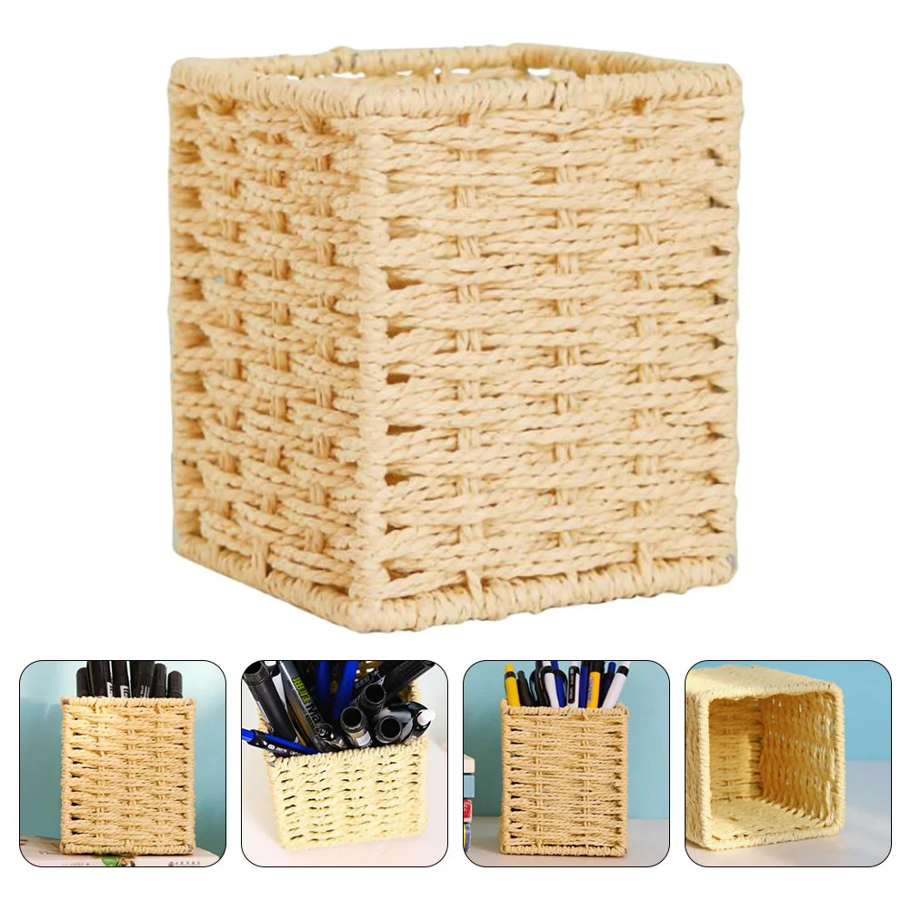 

Pen Rattan Box Holder Brush Organizer Storage Container Basket Woven Makeup Cup Desk Vine Office Pot Baskets Flower Seagrass