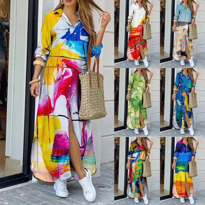 

Temperament Women's Commuter Print Long Sleeve Single breasted V-neck Split Dress