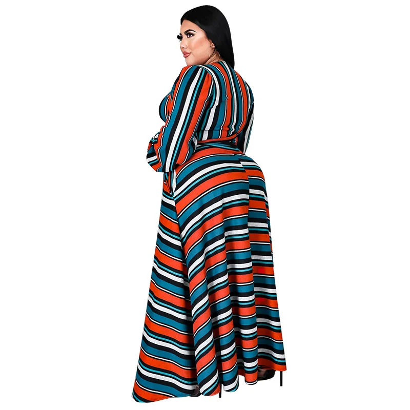 Plus Size Winter Sets Women Skirt Two Piece Suits Patchwork Stripe Long Sleeve Ladies Outifts Who 3xl 4xl 5xl 6xl