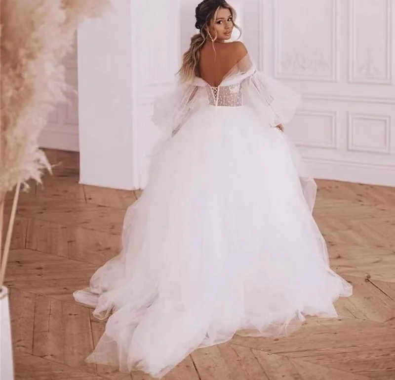 11779#Long Sleeve Tulle Sweep Train Country Boho Lace Open Back Off=Shoulder A-Line Sexy Wedding Dress Bridal Gown - купить по