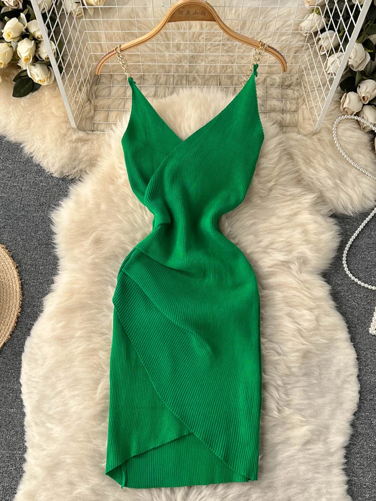 

YuooMuoo Ins Fashion Sexy Package Hips Bodycon Dress Women 2022 Summer High Waist Knitted Chains Straps Dress Mini Sundress