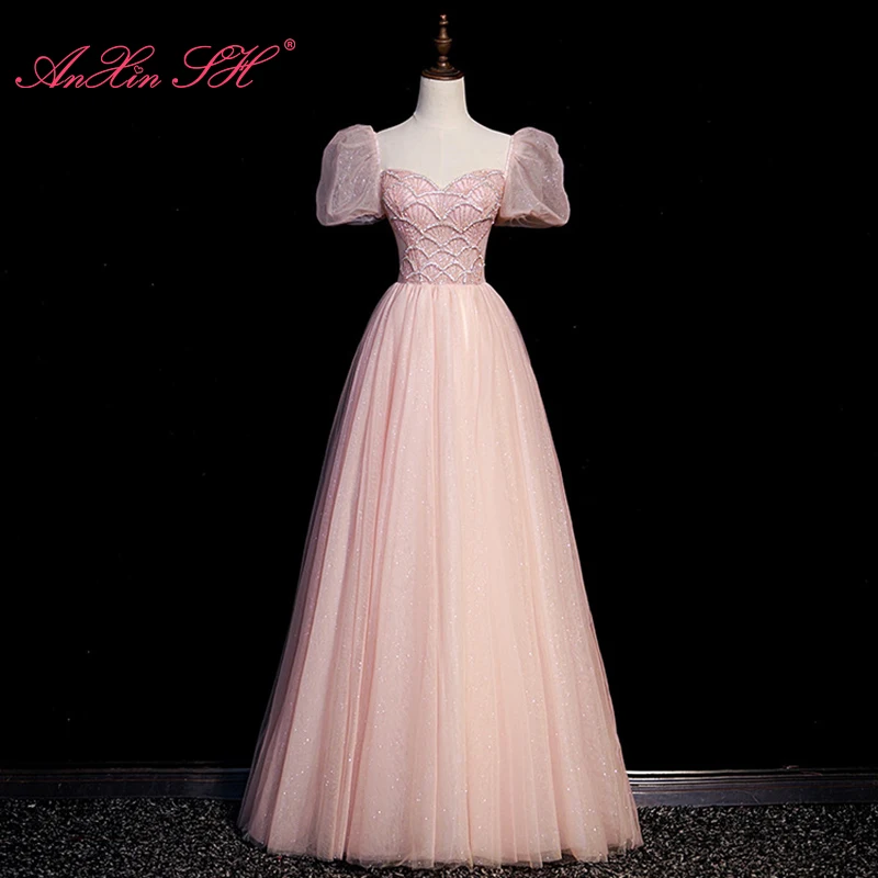 

Розовое Кружевное Вечернее Платье AnXin SH Queen, французское ретро платье принцессы с пышными рукавами, расшитое бисером, ТРАПЕЦИЕВИДНОЕ вечернее платье для невесты