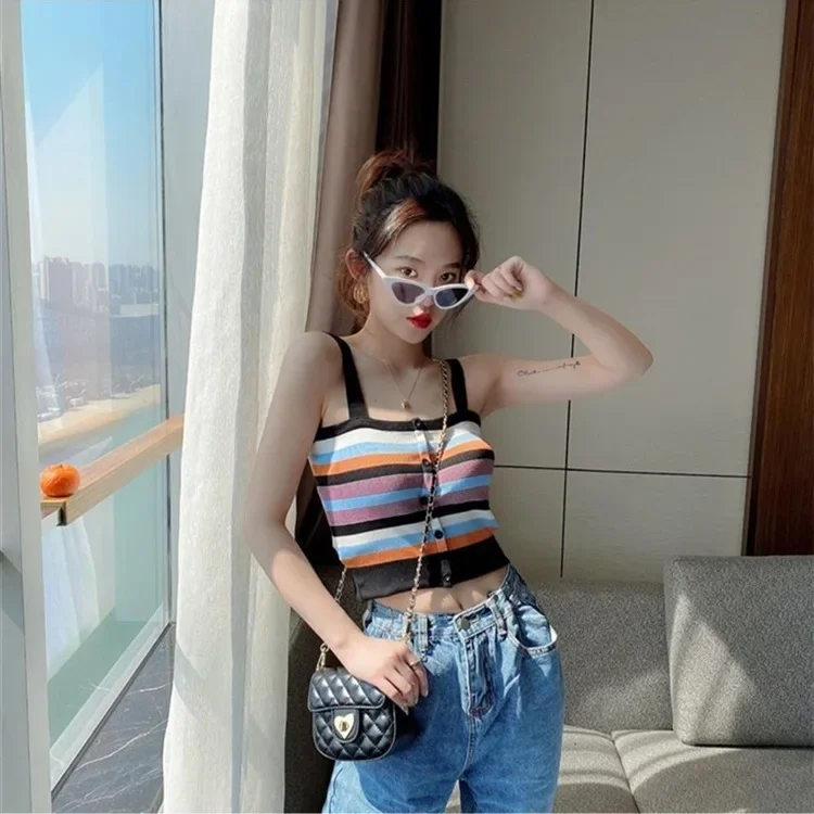 Sexytank Верхняя одежда Женский летний укороченный полосатый вязаный топ с цветными