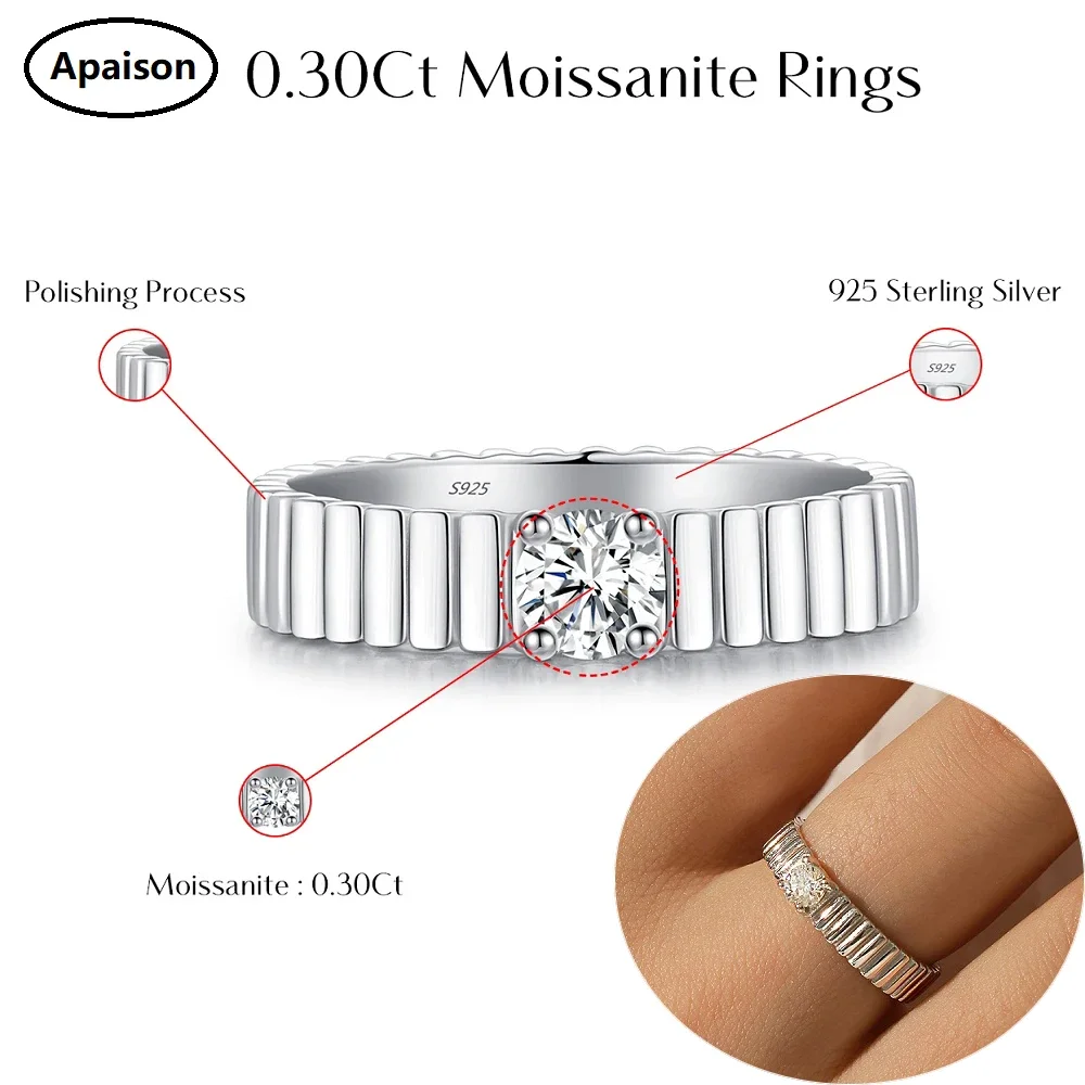 Apaison 3EX VVS1 D Цвет 4 мм Круглые 0 3 карата Кольца с настоящим муассанитом и