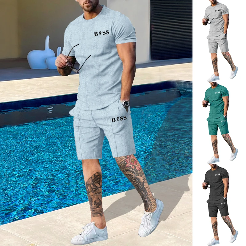 

New Summer Round Neck Slim Fashion Casual Men's T-Shirt Set Men's High Quality Sports Brand Two-Piece Set
