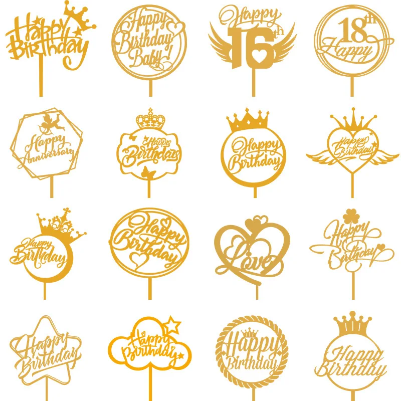 New Acrylic Birthday Party Cake Toppers Gold Crown Angel Happy Birthday Cake Topper Baking Decoration Baby Shower Gifts Supplies