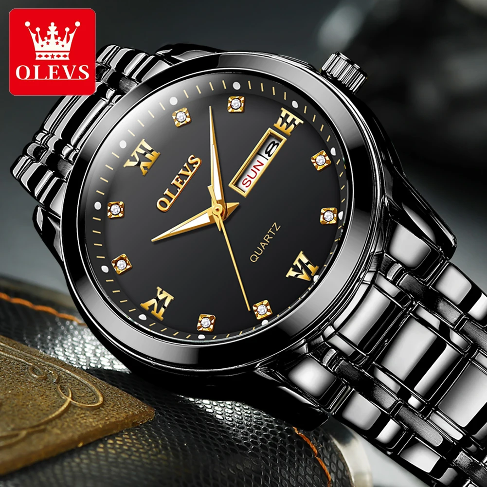 

OLEVS 8691 Black Stainless Steel Men Quartz Wristwatches Luxury Brand Business Fashion Calendar Luminous Waterproof Man Watch