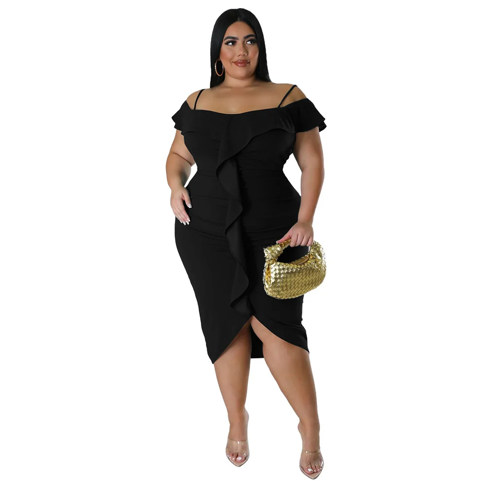 Plus Size Women Elegant Dresses Fashion Sweet Solid Colour Dress Casual Commuter Large Size Female One Neck Medium Length Dress