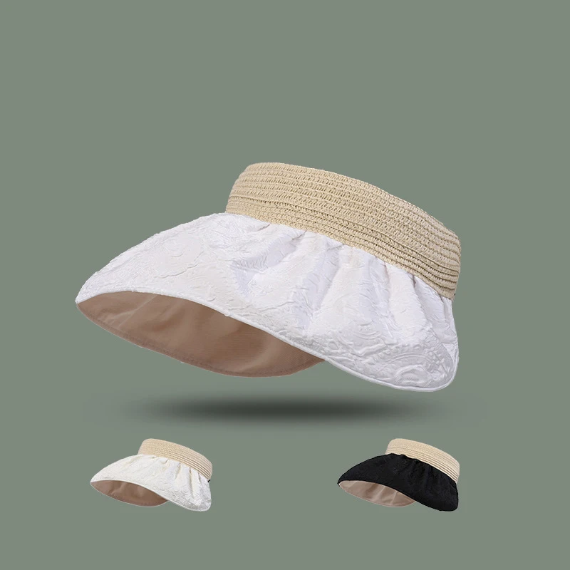 

New Arrival Summer Women Outing Sunshade Double Deck UV Protection Empty Top Breathable Beach Simple Folding Straw Visor Caps