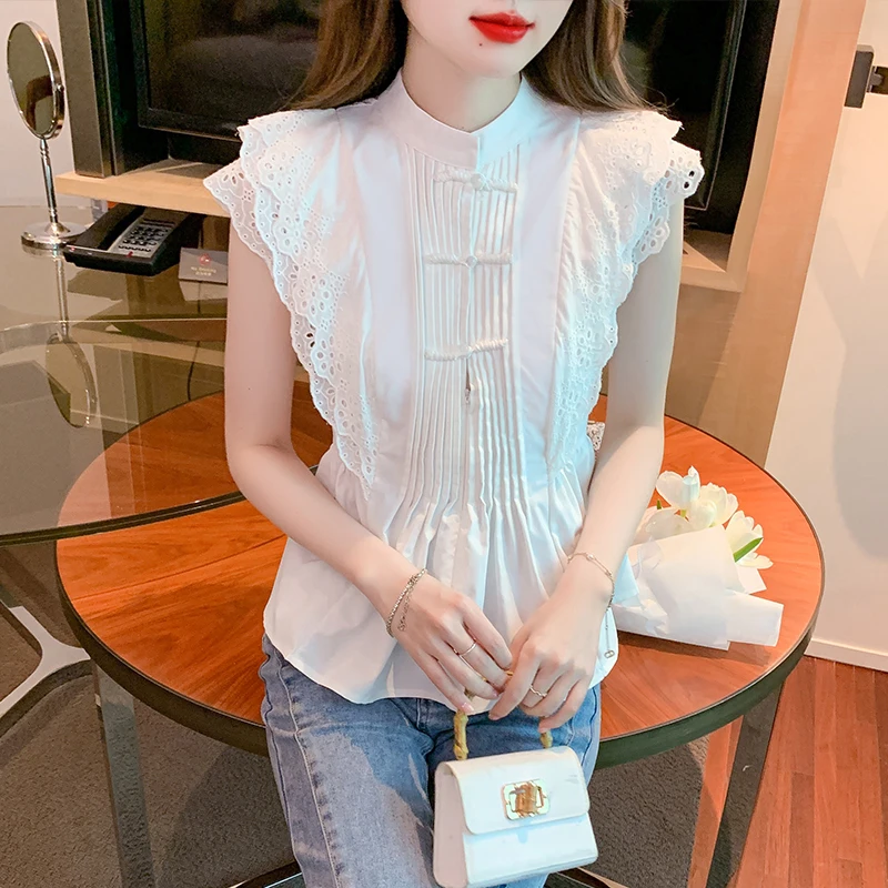 

Summer Women's Sleeveless Chinese Button Standing Collar Ruffled Pleated Shirt Women Tops Blusas Mujer Blouse Women Camisas C669